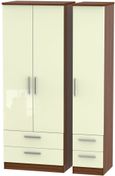 Knightsbridge Cream Gloss and Walnut Effect 3 Door Tall Triple Wardrobe - 4 Drawers