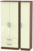 Knightsbridge Cream Gloss and Walnut Effect 3 Door Tall Triple Wardrobe - LHF 2 Drawers