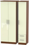 Knightsbridge Cream Gloss and Walnut Effect 3 Door Tall Triple Wardrobe - RHF 2 Drawers