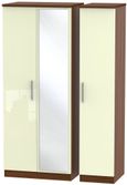 Knightsbridge Cream Gloss and Walnut Effect 3 Door Triple Wardrobe - 1 Mirror