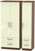 Knightsbridge Cream Gloss and Walnut Effect 3 Door Triple Wardrobe - 4 Drawers