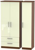 Knightsbridge Cream Gloss and Walnut Effect 3 Door Triple Wardrobe - LHF 2 Drawers
