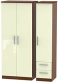 Knightsbridge Cream Gloss and Walnut Effect 3 Door Triple Wardrobe - RHF 2 Drawers