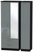 Knightsbridge Grey Gloss and Black 3 Door Tall Combi Wardrobe - 1 Mirror and LHF 2 Drawers