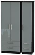 Knightsbridge Grey Gloss and Black 3 Door Tall Triple Wardrobe - 4 Drawers