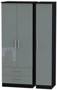 Knightsbridge Grey Gloss and Black 3 Door Tall Triple Wardrobe - LHF 2 Drawers