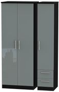 Knightsbridge Grey Gloss and Black 3 Door Tall Triple Wardrobe - RHF 2 Drawers