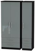 Knightsbridge Grey Gloss and Black 3 Door Triple Wardrobe - 4 Drawers