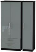 Knightsbridge Grey Gloss and Black 3 Door Triple Wardrobe - LHF 2 Drawers
