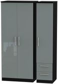 Knightsbridge Grey Gloss and Black 3 Door Triple Wardrobe - RHF 2 Drawers