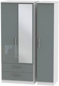 Knightsbridge Grey Gloss and White 3 Door Combi Wardrobe - 1 Mirror and LHF 2 Drawers