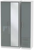 Knightsbridge Grey Gloss and White 3 Door Combi Wardrobe - 1 Mirror and RHF 2 Drawers