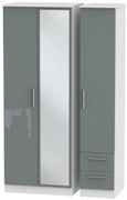 Knightsbridge Grey Gloss and White 3 Door Tall Combi Wardrobe - 1 Mirror and RHF 2 Drawers