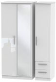 Knightsbridge White Gloss 3 Door Combi Wardrobe - 1 Mirror and RHF 2 Drawers