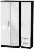 Knightsbridge White Gloss and Black 3 Door Combi Wardrobe - 1 Mirror and RHF 2 Drawers