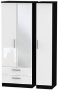 Knightsbridge White Gloss and Black 3 Door Tall Combi Wardrobe - 1 Mirror and LHF 2 Drawers