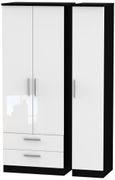 Knightsbridge White Gloss and Black 3 Door Tall Triple Wardrobe - LHF 2 Drawers