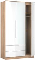 Milan White Gloss and Oak Effect 3 Door Tall Combi Wardrobe - 1 Mirror and LHF 2 Drawers
