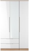 Milan White Gloss and Oak Effect 3 Door Tall Combi Wardrobe - 1 Mirror and LHF 2 Drawers