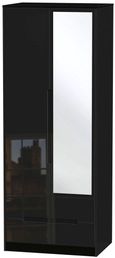 Monaco Black Gloss 2 Door Tall Combi Wardrobe - 1 Mirror