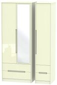 Monaco Cream Gloss 3 Door Tall Combi Wardrobe - 1 Mirror