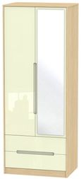 Monaco Cream Gloss and Light Oak 2 Door Tall Combi Wardrobe - 1 Mirror