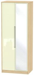 Monaco Cream Gloss and Light Oak 2 Door Tall Wardrobe - 1 Mirror