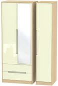 Monaco Cream Gloss and Light Oak 3 Door Tall Combi Wardrobe - 1 Mirror and LHF 2 Drawers