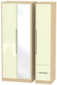 Monaco Cream Gloss and Light Oak 3 Door Tall Combi Wardrobe - 1 Mirror and RHF 2 Drawers
