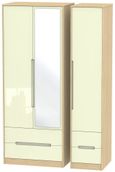 Monaco Cream Gloss and Light Oak 3 Door Tall Combi Wardrobe - 1 Mirror