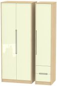 Monaco Cream Gloss and Light Oak 3 Door Tall Triple Wardrobe - RHF 2 Drawers