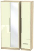 Monaco Cream Gloss and Oak Effect 3 Door Tall Combi Wardrobe - 1 Mirror and RHF 2 Drawers