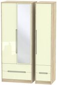 Monaco Cream Gloss and Oak Effect 3 Door Tall Combi Wardrobe - 1 Mirror