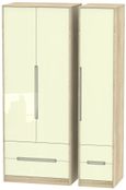 Monaco Cream Gloss and Oak Effect 3 Door Tall Triple Wardrobe - 4 Drawers