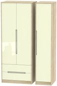 Monaco Cream Gloss and Oak Effect 3 Door Tall Triple Wardrobe - LHF 2 Drawers