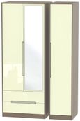 Monaco Cream Gloss and Toronto Walnut 3 Door Tall Combi Wardrobe - 1 Mirror and LHF 2 Drawers