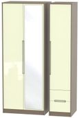 Monaco Cream Gloss and Toronto Walnut 3 Door Tall Combi Wardrobe - 1 Mirror and RHF 2 Drawers