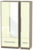 Monaco Cream Gloss and Toronto Walnut 3 Door Tall Combi Wardrobe - 1 Mirror