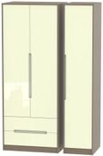 Monaco Cream Gloss and Toronto Walnut 3 Door Tall Triple Wardrobe - LHF 2 Drawers