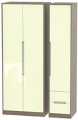 Monaco Cream Gloss and Toronto Walnut 3 Door Tall Triple Wardrobe - RHF 2 Drawers