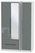 Monaco Grey Gloss and White 3 Door Tall Combi Wardrobe - 1 Mirror and LHF 2 Drawers