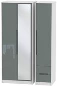Monaco Grey Gloss and White 3 Door Tall Combi Wardrobe - 1 Mirror and RHF 2 Drawers