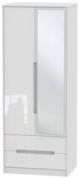 Monaco White Gloss 2 Door Tall Combi Wardrobe - 1 Mirror