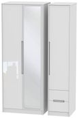 Monaco White Gloss 3 Door Tall Combi Wardrobe - 1 Mirror and RHF 2 Drawers