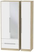Monaco White Matt and Oak Effect 3 Door Tall Combi Wardrobe - 1 Mirror and LHF 2 Drawers