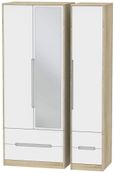 Monaco White and Oak Effect 3 Door Tall Combi Wardrobe - 1 Mirror