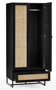 Padstow Double Wardrobe - 2 Door - 1 Drawer - Black and Rattan