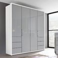 Erimo Wardrobe - 204cm - 4 Door - with 6 Drawer - Alpine White & Silk Grey Glass