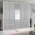 Rauch Erimo 254cm 5 Door Combi Wardrobe with 9 Drawer - Alpine White and Silk Grey Glass