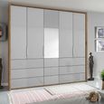 Rauch Erimo 254cm 5 Door Combi Wardrobe with 9 Drawer - Artisan Oak and Silk Grey Glass